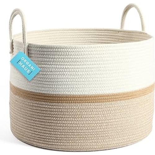 OrganiHaus Boho Woven Basket for Blankets and Laundry, Decorative Large Storage Bin for Living Room, Nursery Basket for Toys & Clothes, Soft Cotton Rope with Handles 20x13 inches - Striped Honey