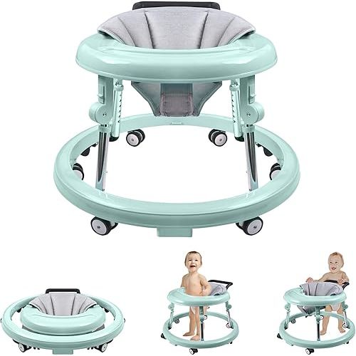 Baby Walker with Wheels, Activity Center with Mute Wheels Anti-Rollover, 5-Position Height Adjustable Foldable Baby Walker for Boys and Girls from 6-18 Months with Footrest