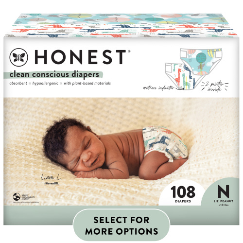 The Honest Company, Clean Conscious Disposable Baby Diapers, Above It All & Giraffes Prints, Size NB, 108 Count (Select for More Options)