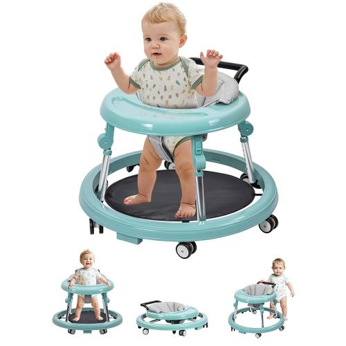 Baby Walker with Wheels: Adjustable Height & Foldable Design, Mute Wheels & Anti-Rollover Feature, Includes Footrest, Perfect for Boys & Girls 6-18 Months