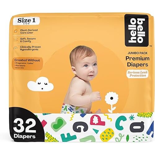 Hello Bello Premium Baby Diapers Size 1, 32 Count of Disposable, Extra-Absorbent, Hypoallergenic Baby Diapers with Snug and Comfort Fit, Alphabet Soup