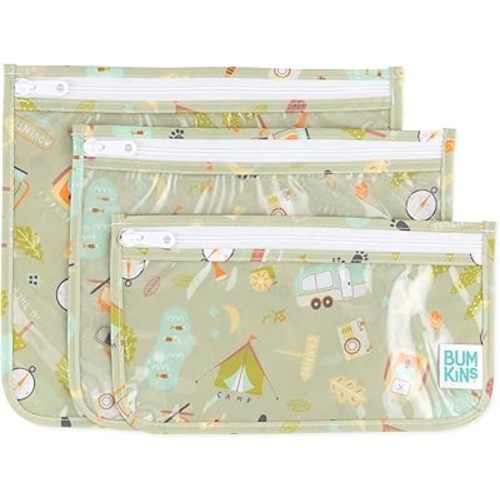 Bumkins Travel Bag, Toiletry, TSA Approved Pouch, Zip Bag, Quart Size Airline Compliant, Clear-Sided, Baby, Diaper Bag Organization, Makeup, Accessories, Packing, Set of 3 Sizes, Camp Gear Green