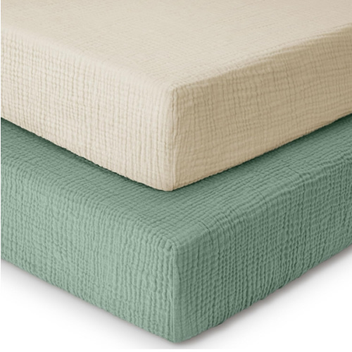 Yoofoss Muslin Crib Sheets for Boys Girls 100% Cotton Fitted Baby Crib Sheet 2 Pack Soft and Breathable for Standard Crib Mattress & Toddler Mattress 52"x28" Apricot&Green
