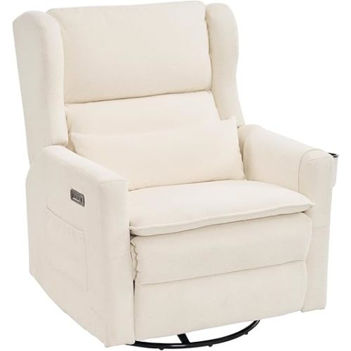 Oversized Swivel Rocker Recliner with Adjustable Headrest, 26" Extra Wide Glider Recliner Nursery Chair with Double Cushion, Chenille Glider Rocking Chair for Living Room,Cup Holder,White