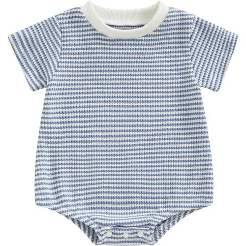 VISGOGO Unisex Baby Boy Girl Striped Romper Waffle Short Sleeve Bubble Oversized Romper Bodysuit Summer Onesie Clothes - Blue - 3-6 Months