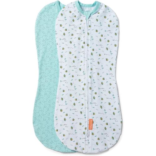 SwaddleMe by Ingenuity Compression Swaddle Pod, Two-Way Zipper for Easy Changes, Improves Sleep & Calms Startle Reflex, 0-2 Months, 2-Pack - Little Bees