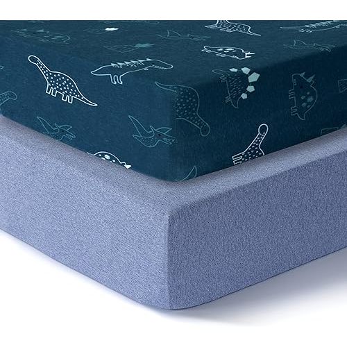 Dreamology Cotton Crib Sheets,2-Pack,Standard Crib Sheets Boys,Girls,100% Cotton Crib sheets,Baby Crib sheet,Cotton Crib Sheet Fitted and Toddler Bed Sheets,52x28 Crib Mattress Sheet | Dino,Denim Blue