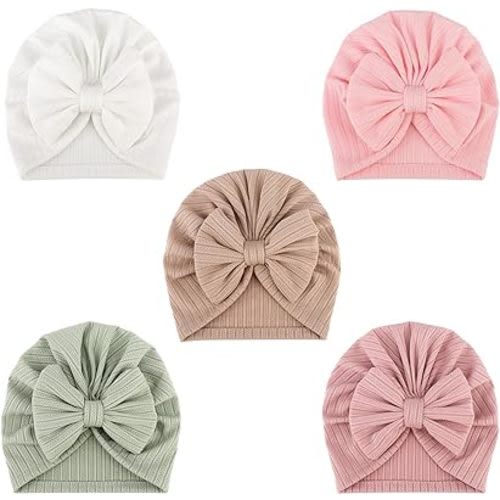 DRESHOW BQUBO 5 Pieces Newborn Baby Turban Hats Bow Baby Infant Beanie Breathable Toddler Cap for Baby Girls