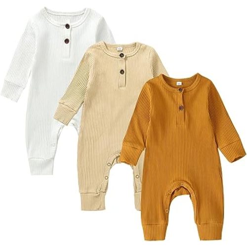 Bafeicao Baby Boy 2 Pack Solid Romper Ribbed Short/Long Sleeve Bodysuit Jumpsuit Infant Knitted Outfits Clothes