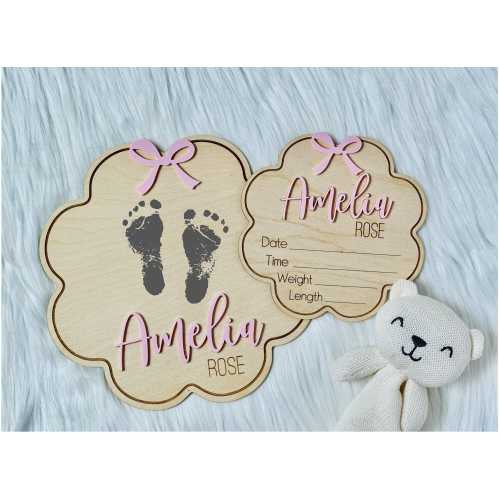 Baby Announcement Sign for Girl, Baby Name Sign with Bow, Birth Announcement Sign for Hospital, Girl Footprint keepsake, Birth Stat Sign