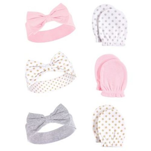 Hudson Baby Infant Girls Cotton Headband and Scratch Mitten 6pc Set, Dots, 0-6 Months