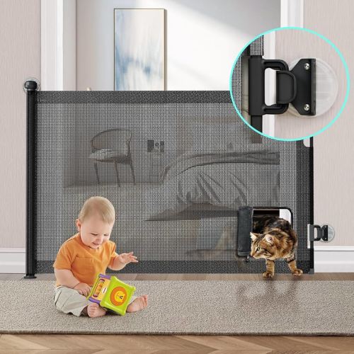 No-Drill Retractable Baby Gate for Stairs,Pet Gate with Cat Door for Doorways,33" Tall,Extends up to 55" Wide Mesh Baby Dog Pet Cat Gate with Door,Child Safety Gate for Hallways Kitchen Indoor Outdoor