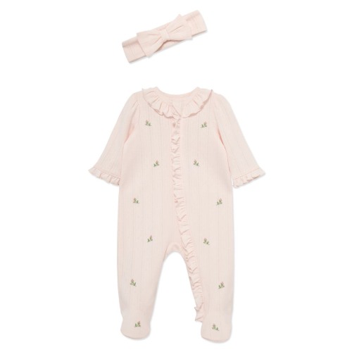 Rosebud Embroidered Pointelle Knit Cotton Ruffle Footie & Bow Head Wrap Set (Nordstrom Exclusive)