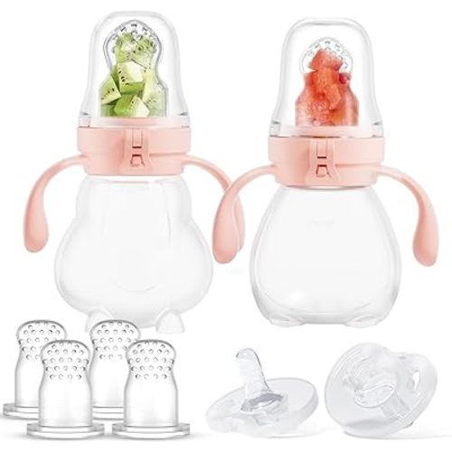 NCVI Baby Fruit Food Feeder, Silicone Fruit Pacifier Feeder, Set of 2, Mesh Feeder with Extra 6 Pacifiers, Teething Relief Toy, Baby Self Feeding for Fresh Food, Fruit & Vegetable, BPA-Free, Pink