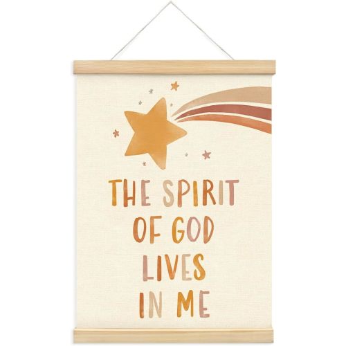 PLKMN Christian Nursery Wall Decor, the Spirit of God Lives in Me Wall Art with Wooden Poster Hanger, Boho Christian Wall Decor for Nursery Kids Room Sunday School Preschool Classroom, 12x16 Inch