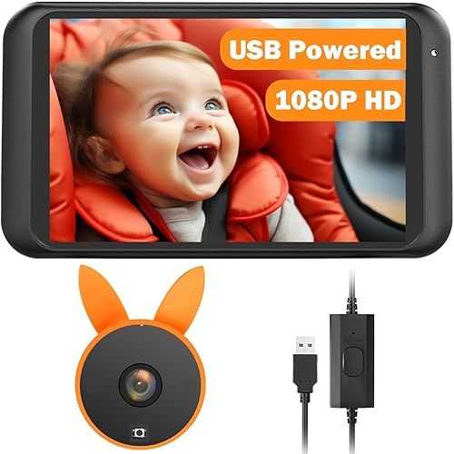 Baby Car Camera: 4.5" HD 1080P with IR Night Vision Car Camera for Baby, Easy Install Rear-Facing Baby Car Mirror for Kids, Pets, Crystal Clear View & Backseat Safety (USB Powered)-Orange