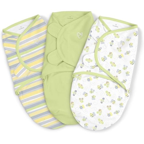 SwaddleMe by Ingenuity Original Swaddle, 100% Cotton, Improves Sleep & Calms Startle Reflex, 0-3 Months, 3-Pack - Busy Bees