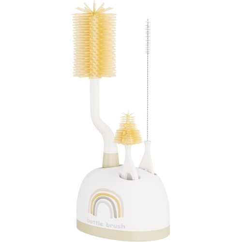 Silicone Bottle Brush Set with Stand, 360° Rotating Silicone Bottle Cleaning Brush Cleaner Set, Long Handle 3 in 1 Multipurpose Silicone Baby Bottle Straw Cleaner Brush (Beige)