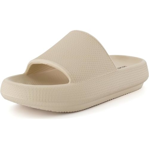 CUSHIONAIRE Feather Slides – Comfortable Cloud Cushion House Slippers for Women, Indoor Outdoor EVA Foam Foot Spa Shower Shoes, Non-Slip Arch Support