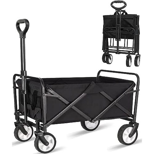 Collapsible Foldable Wagon, Beach Cart Large Capacity, Heavy Duty Folding Wagon Portable, Collapsible Wagon for Sports, Shopping, Camping (Black)