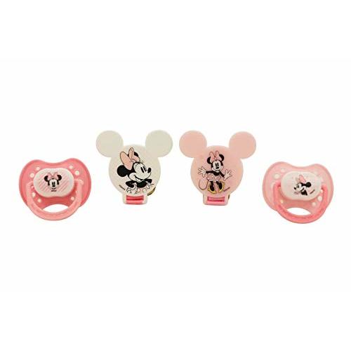 Disney Cudlie Minnie Mouse Baby Girl 4 Pack of 2 Pacifiers & 2 Clips with Sugar & Spice Print