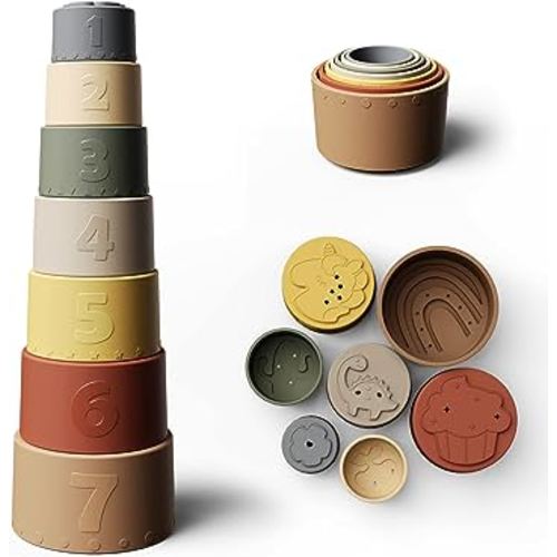 Moonkie Stacking Cups Toy, Fun Educational Baby Toys Silicone Soft Teething Toy, Age 6+ Months, 7 Piece Set