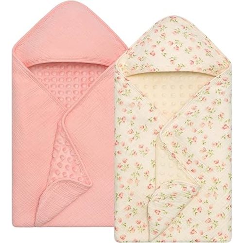 Baby Bath Towels for Newborn 100% Muslin Cotton and Minky Dot Fabric Neutral Hooded Baby Towels Set 2 Pack for Boys Girls Ultra Soft and Absorbent 30 x 30 Inch Pink & Tulip