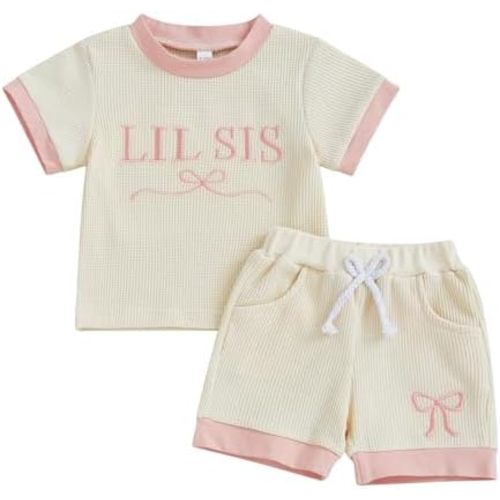 ZAXARRA Toddler Baby Girl Summer Clothes Short Sleeve Letter Embroidery Waffle Tops Bow Shorts Sets Sister Matching Outfits