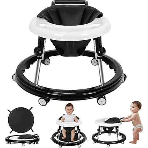 HARPPA Foldable Baby Walker with Wheels and Anti-Rollover, Sit to Stand Activity Center for Boys and Girls 6-18 Months, 5-Position Height Adjustable (Black)