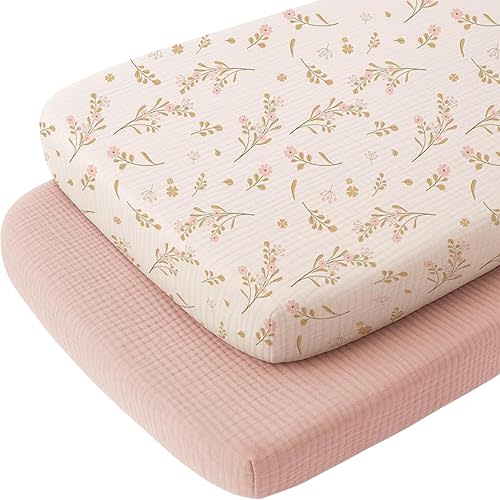 Konssy Muslin Fitted Bassinet Sheets 2 Pack for Baby Girl Boy, Soft Bedside Sleeper Bassinet Sheets Fit for Baby Bassinets, Moses Basket Oval Rectangle Pad/Mattress