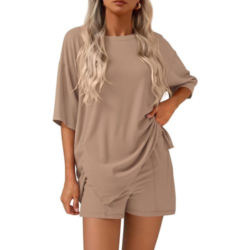 KIRUNDO Women 2 Piece Lounge Set Summer Oversized Shirts Shorts Matching Airport Travel Outfits Postpartum Maternity Clothes