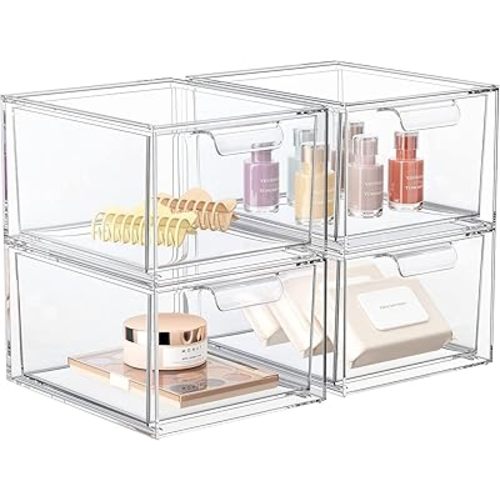 YIEZI Stackable Makeup Organizer Storage Drawers, 4.4'' Tall Acrylic Bathroom Organizer,Clear Plastic Storage Bin for Vanity, Under Sink, Kitchen Cabinets, Pantry Storage and Home Organization, 4 Pack