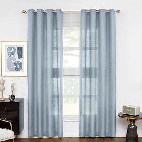 Melodieux Dusty Blue Semi Sheer Curtains 63 Inch Length for Living Room, Linen Rustic Bedroom Privacy Window Grommet Sheer Drapes, 52 by 63 Inch, 2 Panels