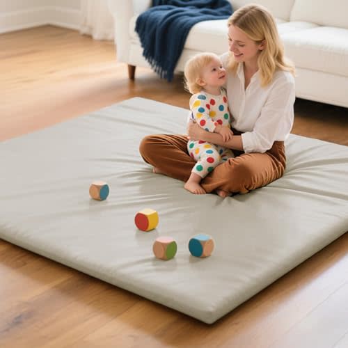 Vegan Leather Baby Play Mat, 50x50 Thick & Waterproof Foam Playpen Mat for Babies and Toddlers, Non-Toxic Baby Play mats for Floor, Gray