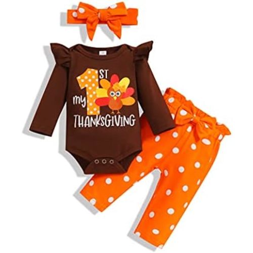 TUEMOS Thanksgiving Outfits Baby Girl My First Thanksgiving Romper+Polka Dot Pant+Headband Baby Girl Thanksgiving Clothes Set