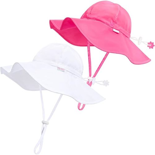 Unisex Baby Sun Hat with UPF 50+ Outdoor Adjustable Beach Hat,Baby Girl Wide Brim Bucket Hats for Infant Toddler Little Boy - 0-6 Months - White & Rose Red -2pcs