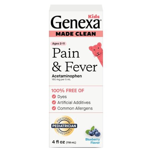 Genexa Children's Clean Acetaminophen | Pain & Fever Reducer for Kids | Kids Medicine, Dye Free Acetaminophen, 0% Artificial Additives | Ages 2-11, Delicious Organic Blueberry Liquid, 4 fl oz