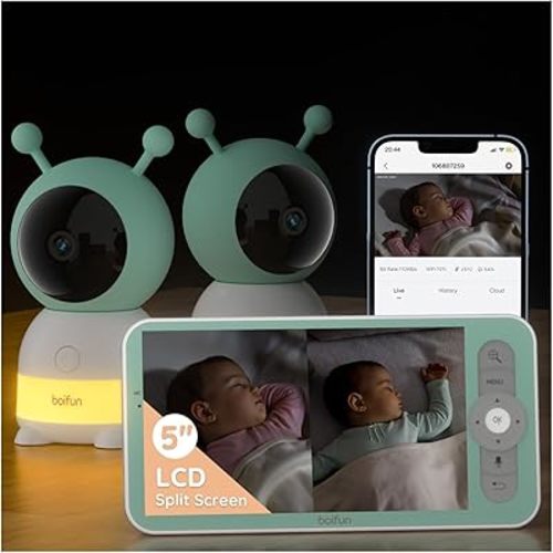 BOIFUN 2K Split-Screen 5 Inch Wi-Fi Baby Monitor With 2 Cameras, Colorful Night Light, AI Motion & Sound & Humidity & Temp Detection, Auto Tracking Via Smartphone App And Monitor Control, Night Vision