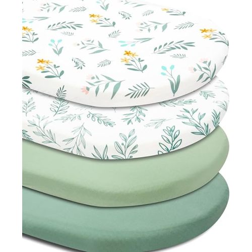 4 Pack Sage Green Fitted Nursery Sheets Breathable Neutral Unisex Baby Sheets for Boys or Girls with Leaf and Flower Design (Bassinet)