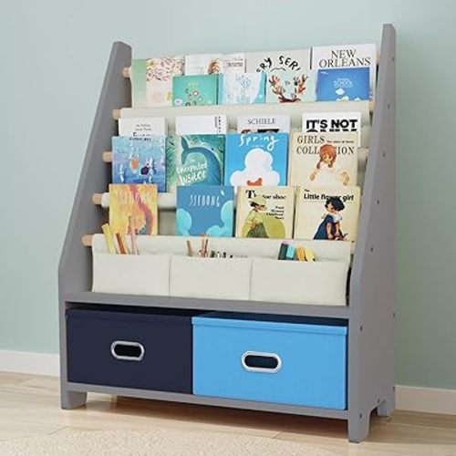 4 Tier Kids Bookshelf, Wooden Kids Book Rack, Grey Kids Book Shelf with Toy Storage Organizer, Toddler Sling Bookshelf for Boys, Girls, Kids Room, Blue
