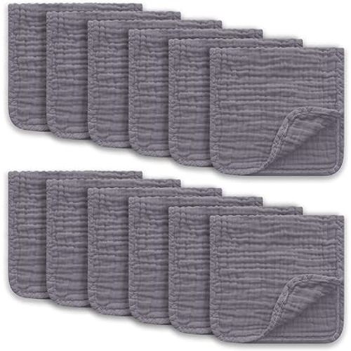Muslin Burp Cloths Large 100% Cotton Hand Washcloths for Boys & Girls, Baby Essentials Extra Absorbent and Soft Burping Rags for Newborn Registry (Grey, 12-Pack, 20" X10")
