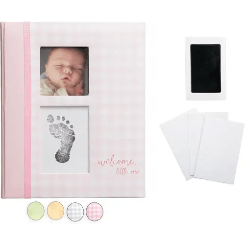 Pearhead Gingham Baby Memory Book and Clean-Touch Ink Pad, Baby Girl Accessory, Baby Milestones Photo Album, Pink