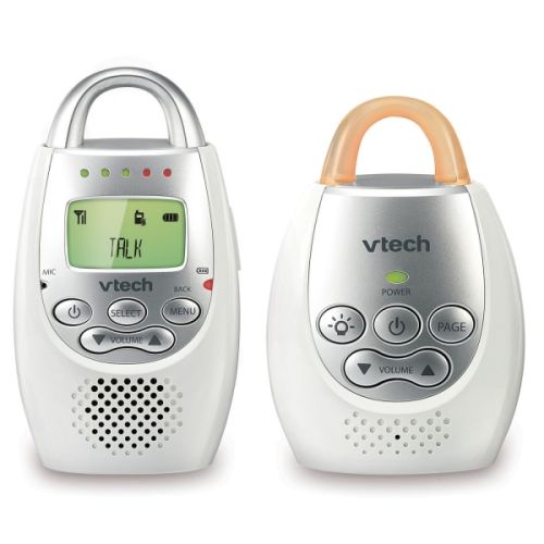 VTech DM221 Audio Baby Monitor with up to 1,000 ft of Range, Vibrating Sound-Alert, Talk Back Intercom & Night Light Loop, White/Silver