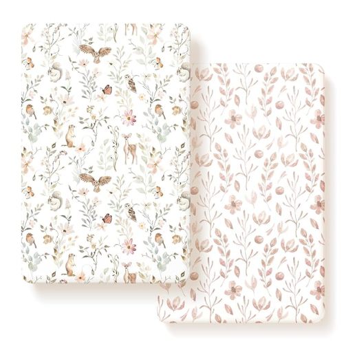 Pack n Play Sheets FItted 2 Pack, Stretchy Ultra Soft Jersey Knit Pack and Play Sheets, Universal Fitted Portable/Mini Crib Mattresses Snug and Safe, Beautiful Blush Pink Floral and Cute Animals Print