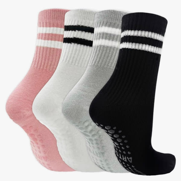 Pilates Socks with Grips for Women, Non Slip Grip Socks for Yoga, Barre & Workout, Breathable Athletic Crew Socks for Studio, Home Exercise & Daily Wear, 4 Pairs