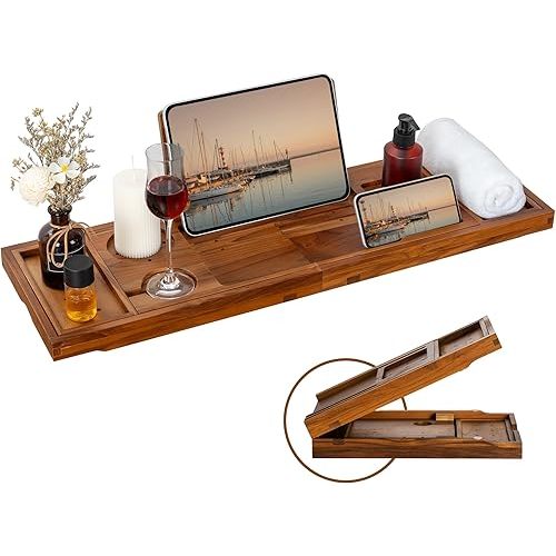 Teak Bathtub Tray - Luxury Bath Tray with Expandable Handles, Wine Glass and Phone Holders, Book Stand - Perfect for Home Spa Relaxation and Reading - Natural Bath Accessories - Light Walnut Color