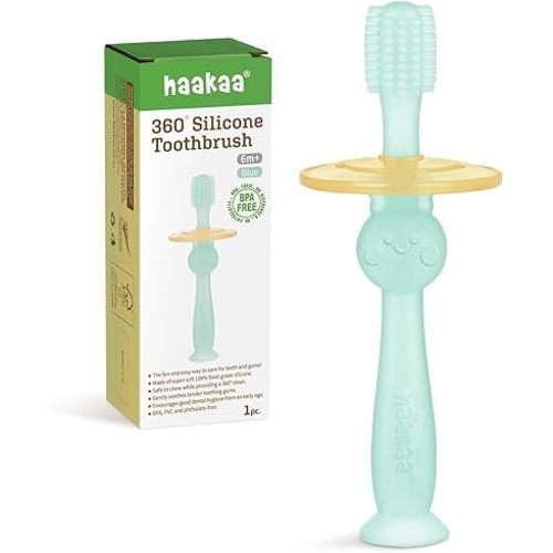 haakaa 360° Baby Toothbrush with Suction Base - Gentle Cleaning for Toddler's Self-Brushing Training, Food-Grade Silicone, Adjustable Safety Shield - Blue (1 Piece)