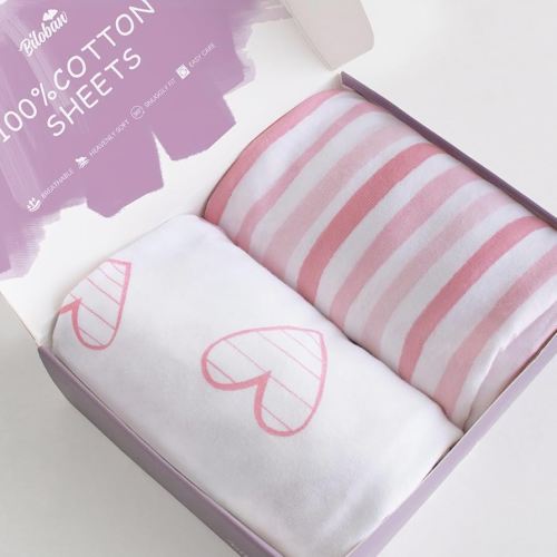 Bassinet Sheets Compatible with BIERUM Baby Bassinet Bedside Sleeper and Mika Micky Bedside Sleeper, (2 Pack), 100% Jersey Knit Cotton Fitted Sheets, Mild Pink Stripes and Hearts Print for Baby Girls