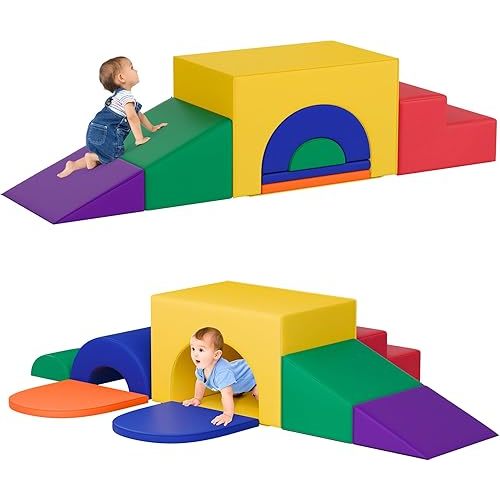 Soft Foam Climbing Blocks Set – Large 5-in-1 Soft Play Toys Crawling & Sliding Climbing Arch for Toddlers, Foam Playset for Nursery,Preschool (Classic American Color)