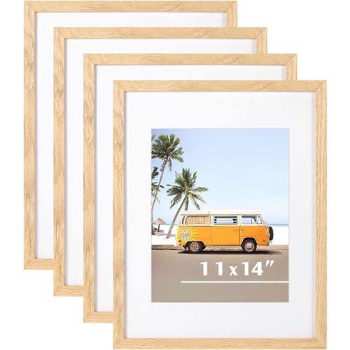 ATOBART 11x14 Solid Oak Picture Frame Set of 4 - Photo Frame 8x10 with Mat or 5x7 with 2 Mat with Perspex Glass, Natural Solid Wooden Picture Frames for Wall Art Photo and Poster